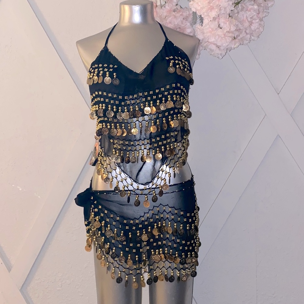 Belly dance top outfits set black and gold coin